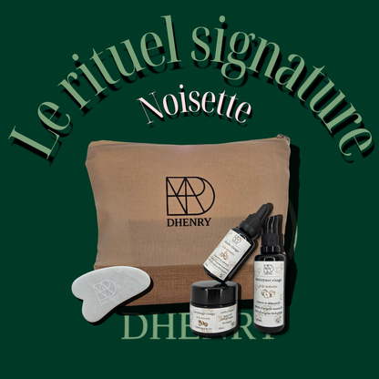 Rituel Signature Dhenry : La gamme noisette, la gua sha et la pochette